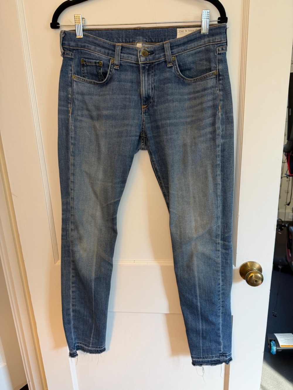 rag & bone Women's Coopers Mid Rise Skinny Jeans Blue Raw Hem Distressed Sz 27